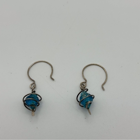Boho Sterling Silver 925 Spiral Wrapped Blue Speckled Beaded Dangle Earrings - Picture 3 of 5